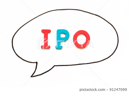 Alphabet letter with word IPO (Abbreviation of Initial Public Offering) in black line hand drawing as bubble speech on white board background 91247099