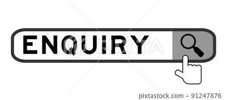 Search banner in word enquiry with hand over magnifier icon on white background 91247876