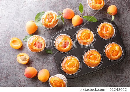 Apricot veggie muffins in a baking dish. horizontal top view Apricot veggie muffins in a baking dish. horizontal top view 91248022