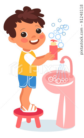 Cute cartoon boy showing hand soap and bubbles 91248118