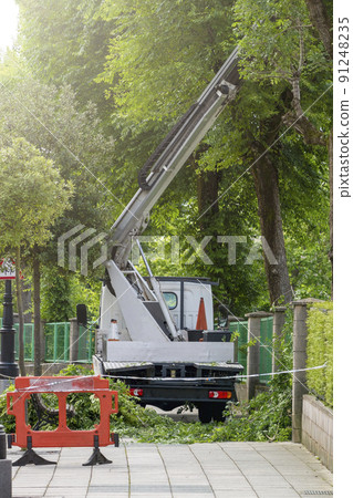 Seasonal tree pruning with a lifting work platform of hydraulic car crane. Cutting branches in park Seasonal tree pruning with a lifting work platform of hydraulic car crane. Cutting branches in park 91248235