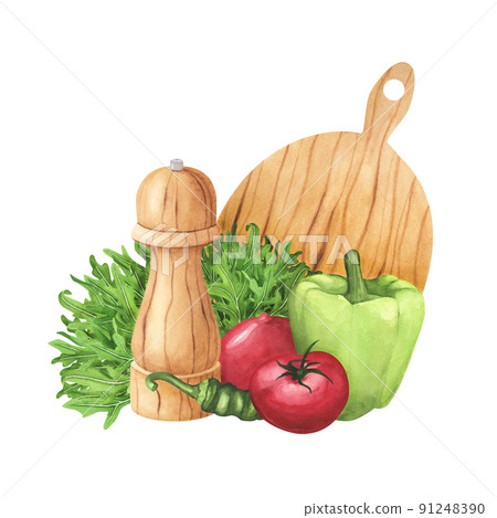 Arugula, wooden pepper mill, cutting board, tomatoes, green bell pepper on white. Watercolor hand drawing illustration Arugula, wooden pepper mill, cutting board, tomatoes, green bell pepper on white. Watercolor hand drawing illustration 91248390