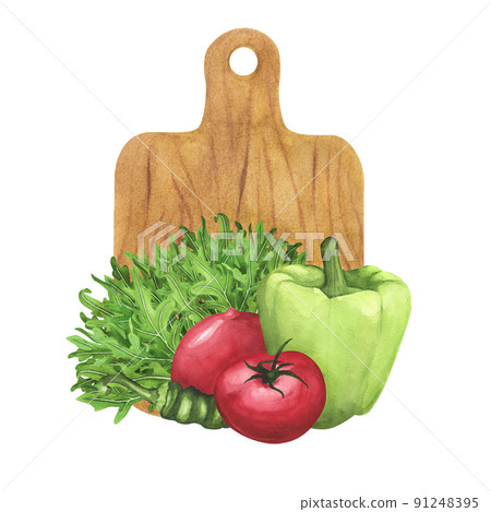 Arugula, wooden cutting board, tomatoes, green bell and chilli pepper on white. Watercolor hand drawing illustration Arugula, wooden cutting board, tomatoes, green bell and chilli pepper on white. Watercolor hand drawing illustration 91248395