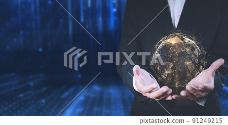Businesman are using innovative technology. Mixed media, digital concepts and connecting the world. Businessman holding in hand with global connection concept. 91249215