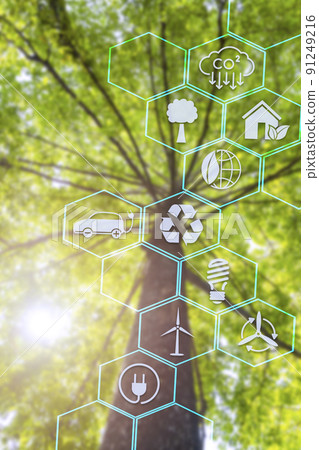 Symbol of protecting the planet from global warming and climate change. Development into business for environment from renewable energy Reduce fuel consumption, reduce greenhouse effect, plant trees 91249216