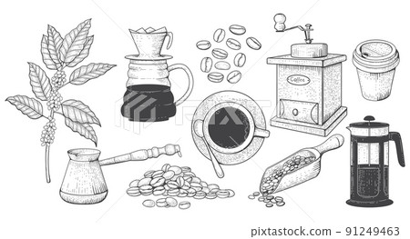 Hand drawn coffee. Vintage hot cup, chocolate with sugar, sketch milk drink, retro equipment for cafeteria menu. Grinder and geyser, french press and cezve, beans and leaves. Vector doodle icons Hand drawn coffee. Vintage hot cup, chocolate with sugar, sketch milk drink, retro equipment for cafeteria menu. Grinder and geyser, french press and cezve, beans and leaves. Vector doodle icons 91249463