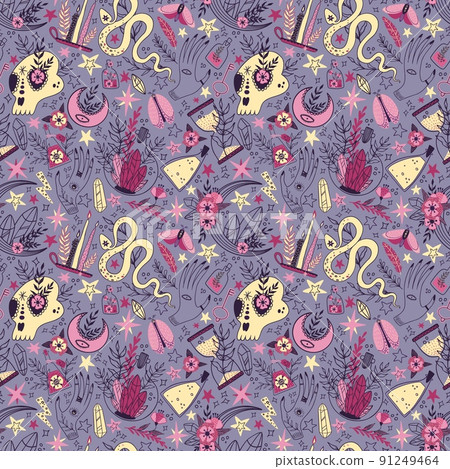 Celestial pattern. Magic and astrology moon background with spiritual boho stars, snake and skull, esoteric astral drawings, tattoo zodiacs. Mystical print. Vector seamless texture Celestial pattern. Magic and astrology moon background with spiritual boho stars, snake and skull, esoteric astral drawings, tattoo zodiacs. Mystical print. Vector seamless texture 91249464