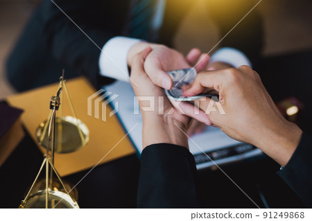 lawyer taking dollar bribe from the female client for falsifying documents, businessman taking bribes corruption illegal fraud bribery concept. lawyer taking dollar bribe from the female client for falsifying documents, businessman taking bribes corruption illegal fraud bribery concept. 91249868