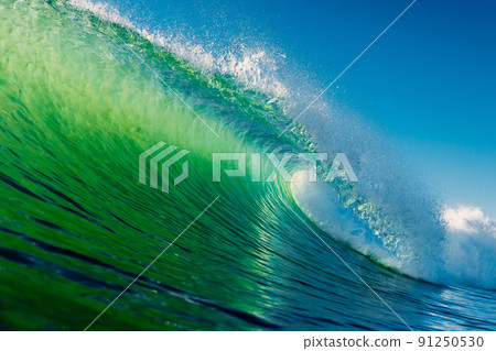 Ideal barrel wave with green tones in ocean. Swell waves for surfing Ideal barrel wave with green tones in ocean. Swell waves for surfing 91250530