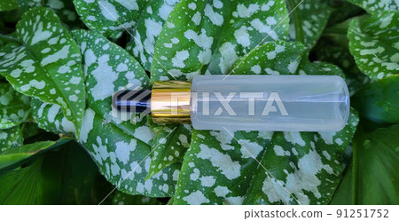 A bottle of serum with a pipette on a background of green vegetation. Frosted glass container for cosmetic skin care products A bottle of serum with a pipette on a background of green vegetation. Frosted glass container for cosmetic skin care products 91251752