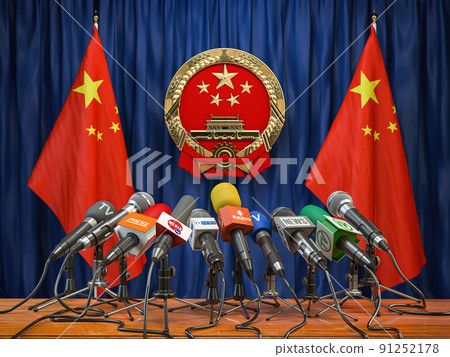 Official press conference of China fgoverment or president. Flags of China and microphones. 91252178