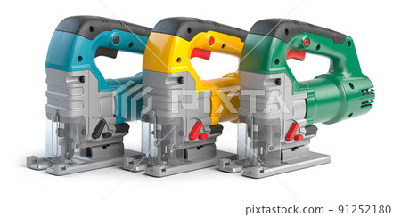 Electric jigsaw of different colors isolated on white. Electric tool for carpenter. Electric jigsaw of different colors isolated on white. Electric tool for carpenter. 91252180