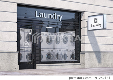 Laundry building exterior with washing machines inside it. Laundry building exterior with washing machines inside it. 91252181