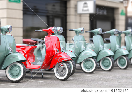 Vintage moped scooter in row on a parking of the city. 91252183