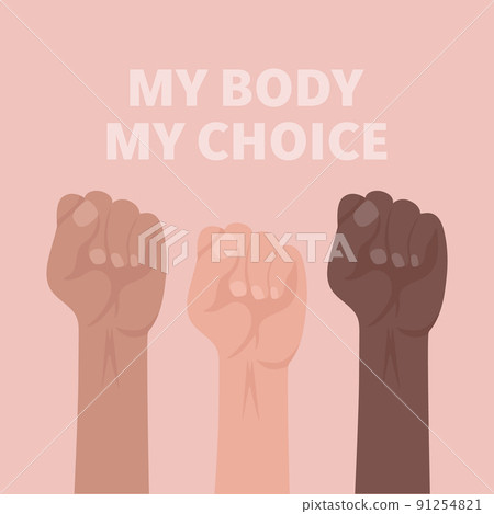My Body My Choice Sign. Raised Up Women's Fists. Women's Rights Poster, Women's Demanding Continued Access to Abortion After the Ban on Abortions, Roe v Wade. Women's Rights to Abortion Placard 91254821