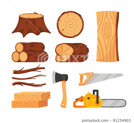 Set of Tree Logs, Wooden Planks and Tools, Timbers and Woodcutter Instruments Chainsaw, Saw, Axe. Tree Branches Heap Set of Tree Logs, Wooden Planks and Tools, Timbers and Woodcutter Instruments Chainsaw, Saw, Axe. Tree Branches Heap 91254903