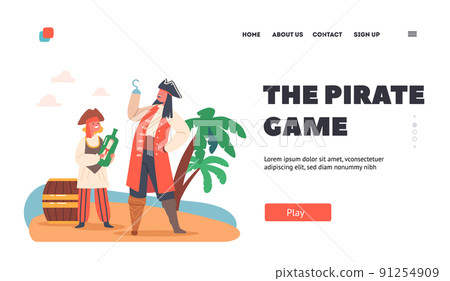Pirate Game Landing Page Template. Children Captain Hook and Sailor Playing on Secret Island, Funny Kids Picaroons 91254909