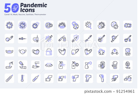 50 Pandemic Icons Pack, Covid 19, Mask, Sanitizer, Vaccine, Thermometer 91254961