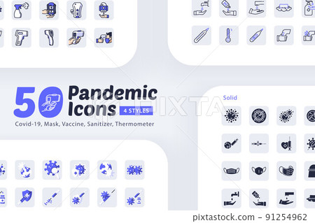 50 Pandemic icons with 4 different Variations, Covid 19, Mask, Sanitizer, Vaccine, Thermometer 91254962
