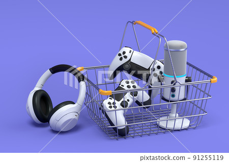 Gamer gears like mouse, keyboard, joystick, headset, VR, microphone on purple 91255119