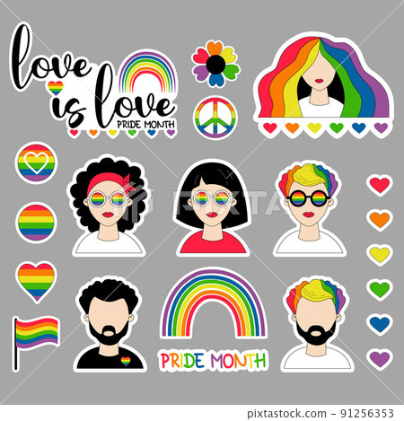 LGBT Pride Month collection stickers. LGBTQ community vector symbols, lesbian girls and gay man, pride flags, rainbow, love elements and heart. Gay Pride Month, groovy celebration. LGBT icons isolated LGBT Pride Month collection stickers. LGBTQ community vector symbols, lesbian girls and gay man, pride flags, rainbow, love elements and heart. Gay Pride Month, groovy celebration. LGBT icons isolated 91256353