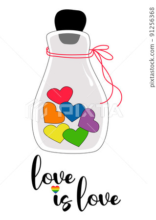 LGBT Pride Month. love is love. LGBTQ Symbol. Glass bottle with rainbow hearts. Rainbow colors of LGBT pride flag. Human rights and tolerance. Vector illustration. Love rainbow hearts LGBT Pride Month. love is love. LGBTQ Symbol. Glass bottle with rainbow hearts. Rainbow colors of LGBT pride flag. Human rights and tolerance. Vector illustration. Love rainbow hearts 91256368