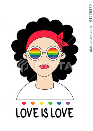 Cute lesbian girl in rainbow glasses. LGBT Pride Month. love is love. LGBTQ pride flag in rainbow colors. Human rights and tolerance. Vector. Vertical holiday poster with LGBT symbol 91256370