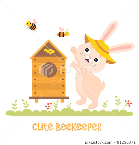 Cute bunny beekeeper. Funny rabbit apiarist in apiary with beehive and funny bees. Vector illustration. Character rabbit for kids collection, cards, design, decor, printing, flyers about beekeeping Cute bunny beekeeper. Funny rabbit apiarist in apiary with beehive and funny bees. Vector illustration. Character rabbit for kids collection, cards, design, decor, printing, flyers about beekeeping 91256371