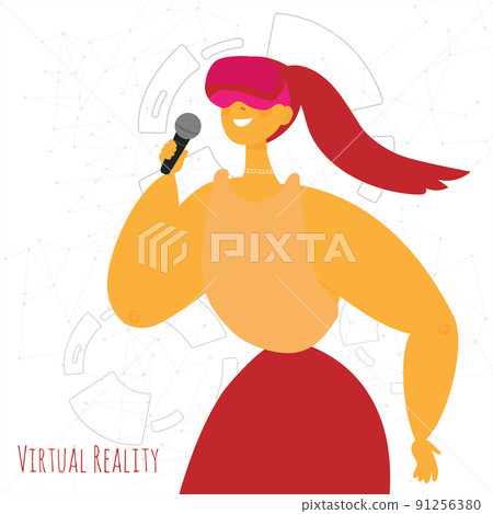 VR virtual reality concept. A woman sings karaoke in virtual reality glasses. The female performs on stage and sings in augmented reality glasses. Vector flat cartoon. 91256380