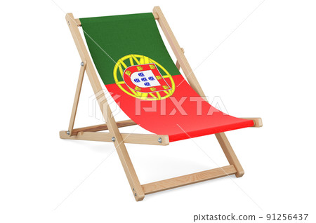 Deckchair with Portuguese flag. Portugal vacation, tours, travel packages, concept. 3D rendering 91256437