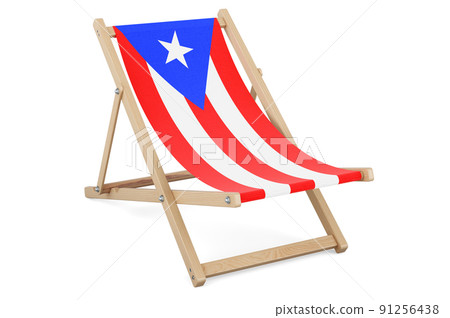 Deckchair with Puerto Rican flag. Puerto Rico vacation, tours, travel packages, concept. 3D rendering 91256438