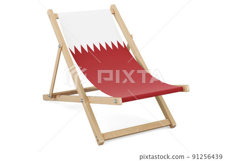Deckchair with Qatari flag. Qatar vacation, tours, travel packages, concept. 3D rendering 91256439