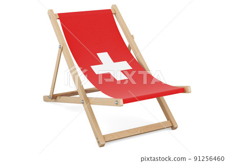 Deckchair with Swiss flag. Switzerland vacation, tours, travel packages, concept. 3D rendering 91256460