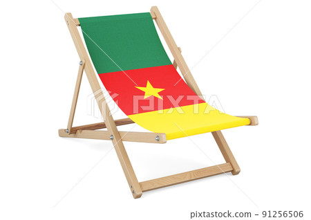 Deckchair with Cameroonian flag. Cameroon vacation, tours, travel packages, concept. 3D rendering Deckchair with Cameroonian flag. Cameroon vacation, tours, travel packages, concept. 3D rendering 91256506