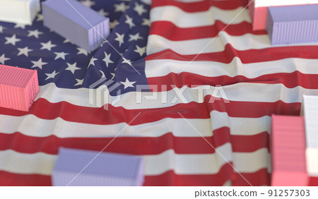 Shipping containers and flag of the USA, production or cargo delivery related 3D rendering 91257303
