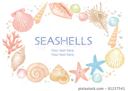 Frames of sea shells, starfish and corals. Watercolor style, vector illustration material. 91257541