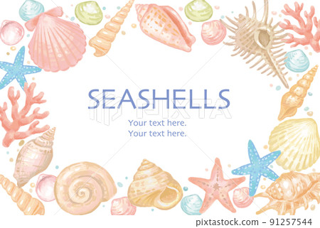 Frames of sea shells, starfish and corals. Watercolor style, vector illustration material. 91257544