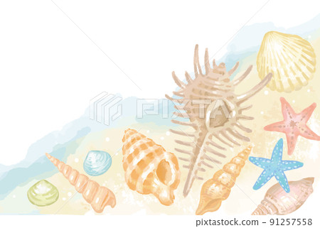 海貝殼，海星框架，背景。水彩風格，矢量圖素材。 91257558
