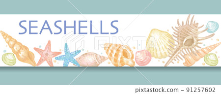Banner design using sea shells and starfish. Watercolor style, vector illustration material. 91257602