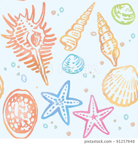 Seamless pattern of sea shells and starfish. Watercolor style, vector illustration material. Seamless pattern of sea shells and starfish. Watercolor style, vector illustration material. 91257648