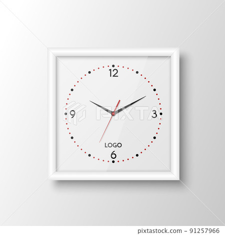 Vector 3d Realistic Square White Wall Office Clock Design Template Isolated on White. Dial with Roman Numerals. Mock-up of Wall Clock for Branding and Advertise Isolated. Clock Face Design 91257966