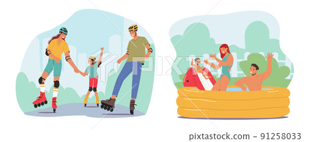 Set Family Activities, Happy Mother, Father And Child Rollerblading In Park, Young Parents And Little Son Swim In Pool 91258033