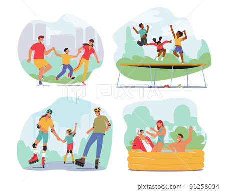 Set Family Activities, Happy Mother, Father And Children Walking, Kids Jumping On Trampoline. Young Parents And Daughter 91258034