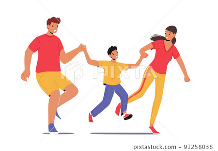 Father and Mother Walk with Child Holding Hands. Happy Family Characters Parents with Boy Spend Time Together, Activity 91258038