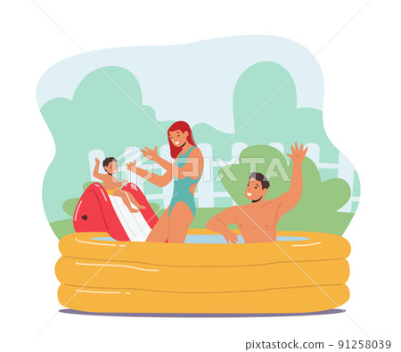 Happy Family Characters Mother, Father and Son Playing in Outdoor Swimming Pool, Baby Sliding. Summertime Water Games 91258039