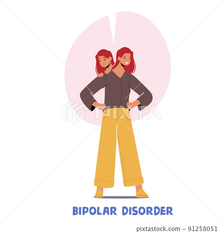 Female Character with Bipolar Mental Brain Disorder. Woman with Two Heads, Express Positive and Negative Emotions 91258051