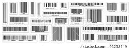 Set of product barcodes. Identification tracking code. Serial number, product ID with digital information. Store or supermarket scan labels, price tag. Vector illustration. 91258349