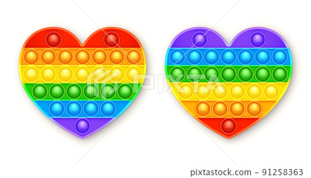 Colorful silicone anti-stress pop it toy isolated on white background. Trendy sensory game for children. Rainbow push pop fidget toy with brightly colored popping bubbles. Vector illustration 91258363