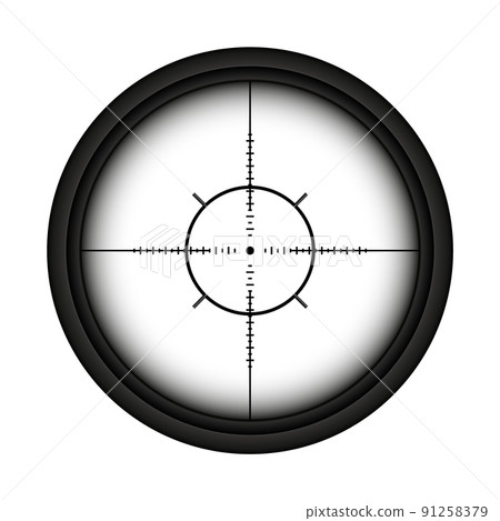 Weapon sight, sniper rifle optical scope. Hunting gun viewfinder with crosshair. Aim, shooting mark symbol. Military target sign, silhouette. Game interface UI element. Vector illustration Weapon sight, sniper rifle optical scope. Hunting gun viewfinder with crosshair. Aim, shooting mark symbol. Military target sign, silhouette. Game interface UI element. Vector illustration 91258379