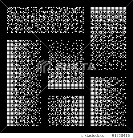 Pixel disintegration, decay effect. Various rectangular elements made of square shapes. Dispersed dotted pattern. Mosaic texture with simple particles. Vector illustration. 91258416
